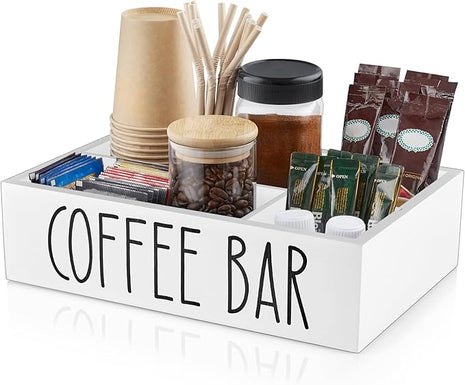 ALELION ALEION White Coffee Station Organizer - Wood Countertop Accessories Organizer with Removable Dividers for Pods Condiment Syrup Tea Cups Stirrers