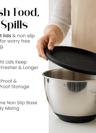 Bellemain Mixing Bowls with Lids Set - Stainless Steel Mixing Bowls with Airtight Lids - Food Storage Containers - 3PCS Set with Non-Slip Bottoms Kitchen Essentials for Baking - Serving