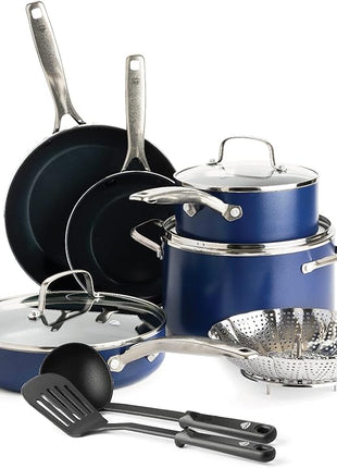 Blue Diamond 11 Piece Cookware Set, Diamond Infused PFAS & PFOA-Free Ceramic Nonstick Pots and Pans, Durable Nontoxic Metal Utensil Safe & Scratch Resistant, Dishwasher & Oven Safe, Blue