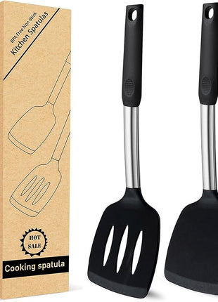 2 Pack Solid & Slotted Silicone Spatula Set, 600F Heat-Resistant No-Melt Handle and Blade, Kitchen Cooking Utensils for Nonstick Cookware, Spatula Turner for Egg,Pancake,Burger- Dishwasher Safe