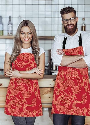 EKOBLA Dragon Aprons Chinese Traditional Culture Tattoo Power Symbol Flying Mascot Animal Waterproof Resistant Chef Cooking Kitchen BBQ Adjustable Aprons for Women Men 27x31 Inch