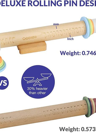 Geesta Adjustable Wood Rolling Pin with 5 Thickness Rings, Precise Dough Roller Handle Press Design with Measurement Guide for Baking Fondant, Pie Crust, Cookie, Pastry - Baking Essential
