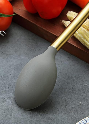 Berglander Non-stick Silicone Solid Serving Spoon, Titanium Gold Plating handle, Basting Spoon, Dishwasher Safe, Easy to Clean