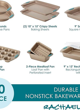 Rachael Ray 47578 Cucina Nonstick Bakeware Set with Grips Includes Nonstick Bread Pan, Baking Sheet, Cookie Sheet, Baking Pans, Cake Pan and Muffin Pan - 10 Piece, Latte Brown with Agave Blue Grips