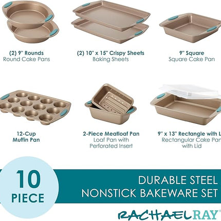 Rachael Ray 47578 Cucina Nonstick Bakeware Set with Grips Includes Nonstick Bread Pan, Baking Sheet, Cookie Sheet, Baking Pans, Cake Pan and Muffin Pan - 10 Piece, Latte Brown with Agave Blue Grips