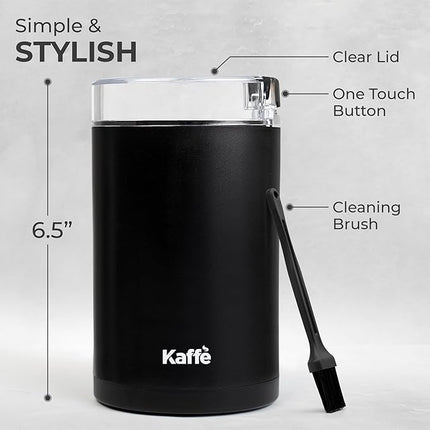 Kaffe One-Touch Coffee Grinder Electric w/Cleaning Brush (3 oz) - Coffee Grinders for Home Use - Up to 12 Cups of Coffee per Grind - Easy On/Off Coffee Bean Grinder - Matte Black