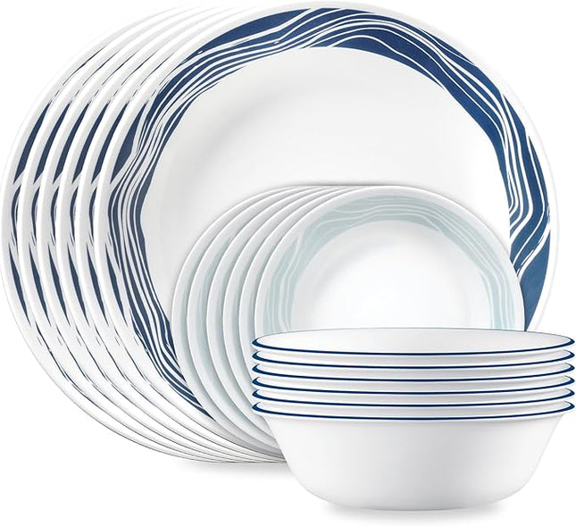 Corelle Vitrelle 18 Piece Glass Dinnerware Sets Service for 6, Triple Layer Chip & Crack Resistant Glass Plate and Bowl Sets, Acadia