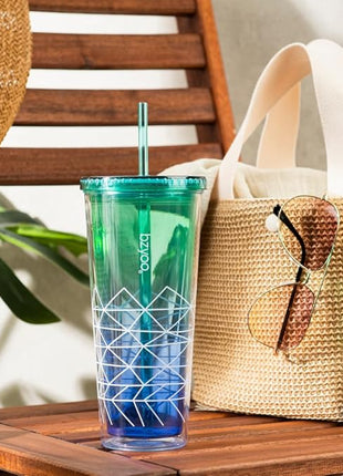 bzyoo SIP 24oz (710ml) Double Wall Plastic Tumbler with Lid and Straw Cold Drink Travel Mug Party Reusable Cup For Office Outdoor Dining Gift For Him & Her (Blue & Green)