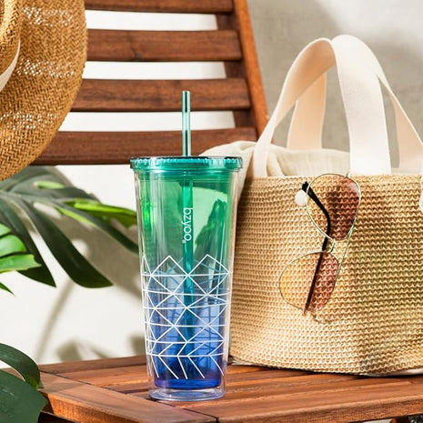 bzyoo SIP 24oz (710ml) Double Wall Plastic Tumbler with Lid and Straw Cold Drink Travel Mug Party Reusable Cup For Office Outdoor Dining Gift For Him & Her (Blue & Green)