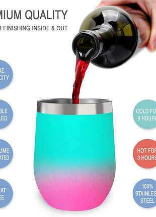 CHILLOUT LIFE 12 oz Stainless Steel Wine Tumbler with Lid - Double Wall Vacuum Insulated Wine Cup Glass Keeping Cold & Hot for Coffee, Champagne, Cocktails, Ice Cream - Powder Coated Aqua Blue/Pink