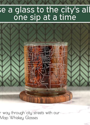 Greenline Goods Whiskey Glasses - 10 Oz Tumbler Gift Set for Tampa lovers, Etched with Tampa Map Old Fashioned Rocks Glass - Set of 2