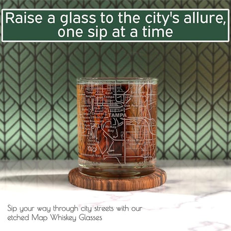 Greenline Goods Whiskey Glasses - 10 Oz Tumbler Gift Set for Tampa lovers, Etched with Tampa Map Old Fashioned Rocks Glass - Set of 2