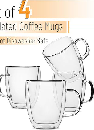 BTaT- Insulated Coffee Mug, Large, Set of 4 (16oz, 500ml), Double Wall Glass Coffee Cups, Glass Coffee Mug, Christmas Gifts