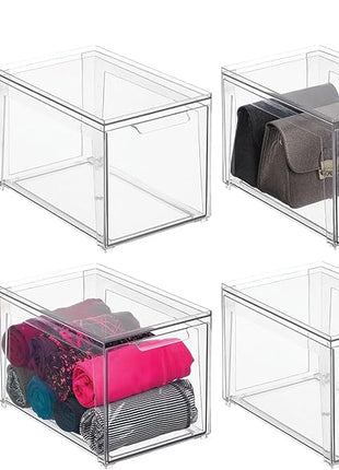 mDesign Plastic Stackable Closet Storage Organizer Bins with Pull Out Drawer for Cabinet, Desk, Shelf, Cupboard, or Dresser Organization - Lumiere Collection - 4 Pack - Clear