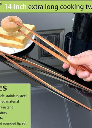 JETKONG 2 Pcs 14-Inch Kitchen Tweezers Extra Long Cooking Tweezer Tongs Stainless Steel Long Food Tweezers (Rose Gold)