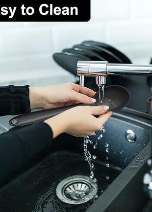 E-far Silicone Cooking Spoon Set of 2, Heat Resistant Kitchen Spoons Utensils Nonstick Mixing Spoon for Baking Stirring Serving, Non-Toxic & Dishwasher Safe (Black)