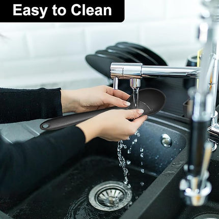 E-far Silicone Cooking Spoon Set of 2, Heat Resistant Kitchen Spoons Utensils Nonstick Mixing Spoon for Baking Stirring Serving, Non-Toxic & Dishwasher Safe (Black)