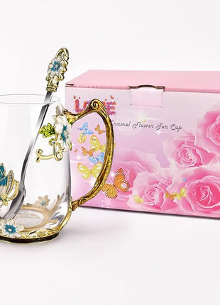 OEAGO Birthday Gifts for Women Mom Glass Coffee Enamels Mug Best Mothers Day Butterfly Gifts for Her from Daughter Son Lead-Free Christmas Tea Cup with Spoon Sets