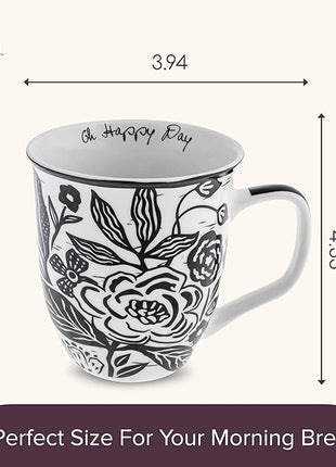 Karma Gifts 16 oz Black and White Boho Mug Floral - Cute Coffee and Tea Mug - Ceramic Coffee Mugs for Women and Men, 4.25" x 3.7"