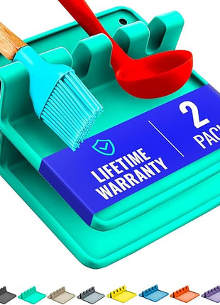 Aqua Green Silicone Spoon Rest for Stove Top with Drip Pad (Two Pack) - Heat-Resistant, BPA-Free Utensil Rest & Spoon Holder for Kitchen Counter - Grill Utensil Holder for Spatulas, Tongs, Ladles