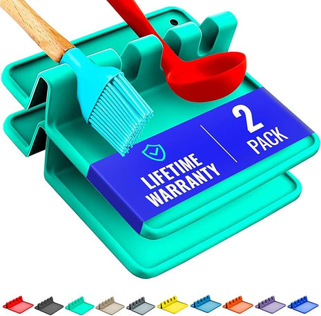 Aqua Green Silicone Spoon Rest for Stove Top with Drip Pad (Two Pack) - Heat-Resistant, BPA-Free Utensil Rest & Spoon Holder for Kitchen Counter - Grill Utensil Holder for Spatulas, Tongs, Ladles