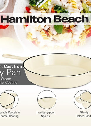 Hamilton Beach Enameled Cast Iron Fry Pan 12-Inch Cream, Cream Enamel Coating, Skillet Pan for Stove Top and Oven