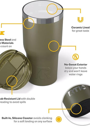 RTIC 20oz Essential Tumbler with Lid, Ceramic Lined, Insulated, Stainless Steel, Metal, Double Wall Vacuum-Insulation, Travel Cup for Iced Coffee, Tea, Hot and Cold Drink, Olive