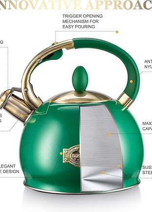 SUSTEAS Stove Top Whistling Tea Kettle - Food Grade Stainless Steel Teakettle Teapot with Cool Touch Ergonomic Handle, With 1 Silicone Pinch Mitt Included, 2.64 Quart (Green)