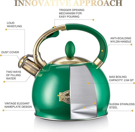 SUSTEAS Stove Top Whistling Tea Kettle - Food Grade Stainless Steel Teakettle Teapot with Cool Touch Ergonomic Handle, With 1 Silicone Pinch Mitt Included, 2.64 Quart (Green)