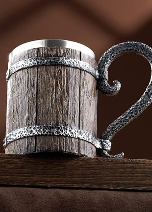 Arola Handmade Wooden Barrel Beer Mug, Stainless Steel Vintage Beer Cup, Medieval Drinkware Mug for Coffee/Beverage/Juice17oz Gift for Men.