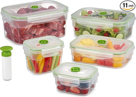 Lasting Freshness BPA-Free Plastic Vacuum Seal Containers with Hand Pump – Airtight Food Storage, Meal Prep & Pantry Organization, Preserves Freshness 5X Longer, 11-Piece Set