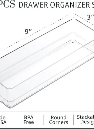 STORi SimpleSort 6-Piece Stackable Clear Drawer Organizer Set | 9" x 3" x 2" Rectangle Trays | Narrow Makeup Vanity Storage Bins and Office Desk Drawer Dividers | Made in USA