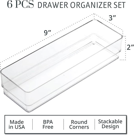STORi SimpleSort 6-Piece Stackable Clear Drawer Organizer Set | 9" x 3" x 2" Rectangle Trays | Narrow Makeup Vanity Storage Bins and Office Desk Drawer Dividers | Made in USA