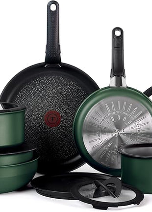 T-fal Ingenio Expertise Non Stick Cookware Set 14 Piece, Induction, Oven Broiler Safe 500F, Cookware, Pots and Pans Set, RV, Camping, Frying Pans, Dishwasher Safe, Detachable/Removable Handle, Green