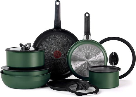 T-fal Ingenio Expertise Non Stick Cookware Set 14 Piece, Induction, Oven Broiler Safe 500F, Cookware, Pots and Pans Set, RV, Camping, Frying Pans, Dishwasher Safe, Detachable/Removable Handle, Green