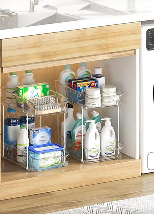 Delamu 2-Tier Under Sink Organizers and Storage, Multi-Purpose Stackable Bathroom Cabinet Organizers, Pull Out Kitchen Pantry Organization and Storage with Dividers(4 Pack, Clear)