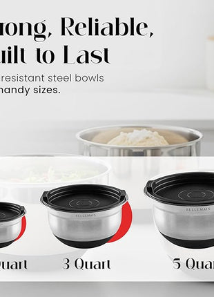 Bellemain Mixing Bowls with Lids Set - Stainless Steel Mixing Bowls with Airtight Lids - Food Storage Containers - 3PCS Set with Non-Slip Bottoms Kitchen Essentials for Baking - Serving