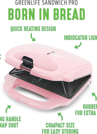 GreenLife Pro Electric Panini Press Grill and Sandwich Maker, Healthy Ceramic Nonstick Plates,Easy Indicator Light, PFAS-Free, Pink