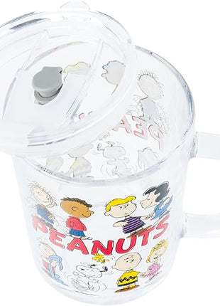 Silver Buffalo Peanuts Featuring Charlie Brown, Snoopy, Woodstock, Sally, Lucy, Linus, Schroeder, Franklin, and Pig-Pen Travel Glass Mug With Slide Close Lid and Handle, 14 Ounces