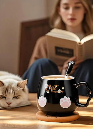 Bgbg Cute Cat Mug, Novelty Ceramic Coffee Tea Milk Cup with Lovely Kitty Lid, Kawaii Claw Spoon, Anime Coaster, Novelty Things Birthday Christmas Gift for Cat Lovers Women Her, 14 oz, Black