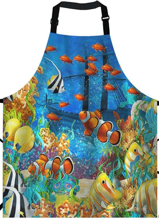EKOBLA Fish Aprons Painting Undersea Coral Reef Bubbles Colorful Dive Exploration Ocean Waterproof Resistant Chef Cooking Kitchen BBQ Adjustable Aprons for Women Men 27x31 Inch