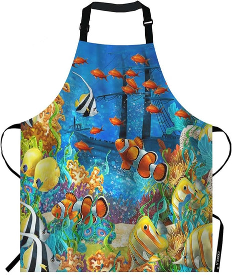EKOBLA Fish Aprons Painting Undersea Coral Reef Bubbles Colorful Dive Exploration Ocean Waterproof Resistant Chef Cooking Kitchen BBQ Adjustable Aprons for Women Men 27x31 Inch