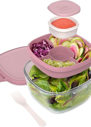 Bentgo Glass All-in-One Salad Container - Large 61-oz Salad Bowl with Lid, 4-Compartment Bento-Style Tray, 3-oz Sauce Container, and Reusable Fork - Dishwasher, Microwave, and Oven Safe (Rose)