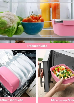 Cherrysea 2Pack Salad Lunch Container, 68oz Salad Bowls with 4 Compartments Tray,Leak Proof Lunch Box with Fork for Men,Women BPA-Free Snack Container with Sauce Container for Dressings-Pink