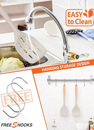 Pack of 2 Silicone Spatula, Non Stick Cooking Utensil Set Wooden Handle Kitchen Turner for Baking Mixing Grilling Serving Food Heat Resistant Non Scratch Hooks Included (Khaki)