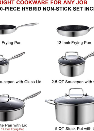 LOLYKITCH 10 Piece Kitchen Cookware Set,Hybrid Tri-ply Stainless Steel Pots and Pans Set,Induction Cookware,Heavy Duty,Dishwasher and Oven Safe.