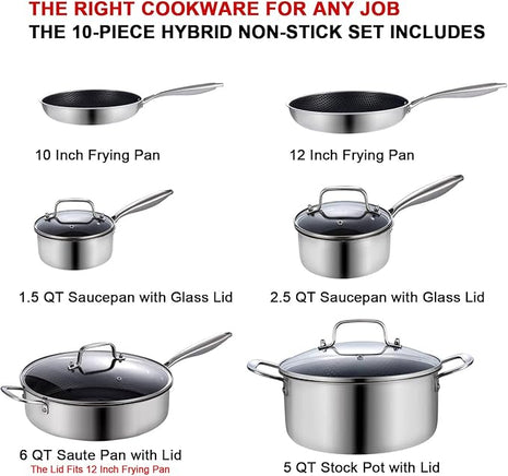 LOLYKITCH 10 Piece Kitchen Cookware Set,Hybrid Tri-ply Stainless Steel Pots and Pans Set,Induction Cookware,Heavy Duty,Dishwasher and Oven Safe.