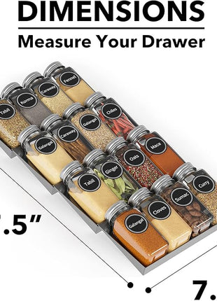 SpaceAid Spice Drawer Organizer with 16 Spice Jars, 386 Spice Labels, 4 Tier Seasoning Rack Tray Insert for Kitchen Drawers, 7.5" Wide x 17.5" Deep