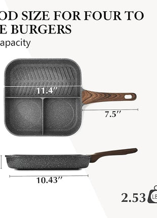 Sensarte Nonstick 11-Inch Square Grill Pan, 3-Section Versatile Breakfast Skillet, Die-cast Aluminum, PFOA, PFOS, APEO Free, Induction, Gas, Electric, Glass, Ceramic