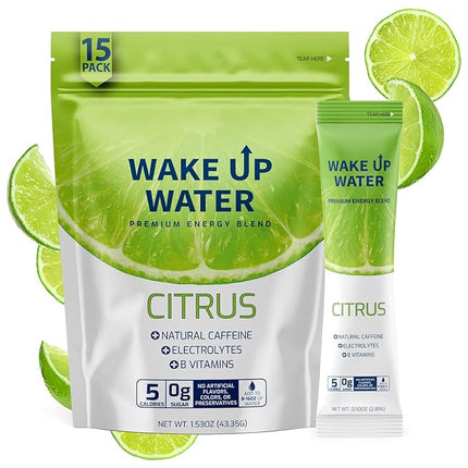 Wake Up Water Energy Drink Mix, Sugar Free Clean Energy Powder with Electrolytes & B Vitamins, Natural Caffeine for Focus & Hydration (15 Pack) - Citrus